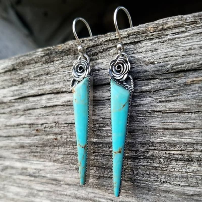TEMU 2pcs Turquoise Spike Dangle Earrings With Rose Accent, Boho Western Style, Ideal For Festival , To Enhance Women's