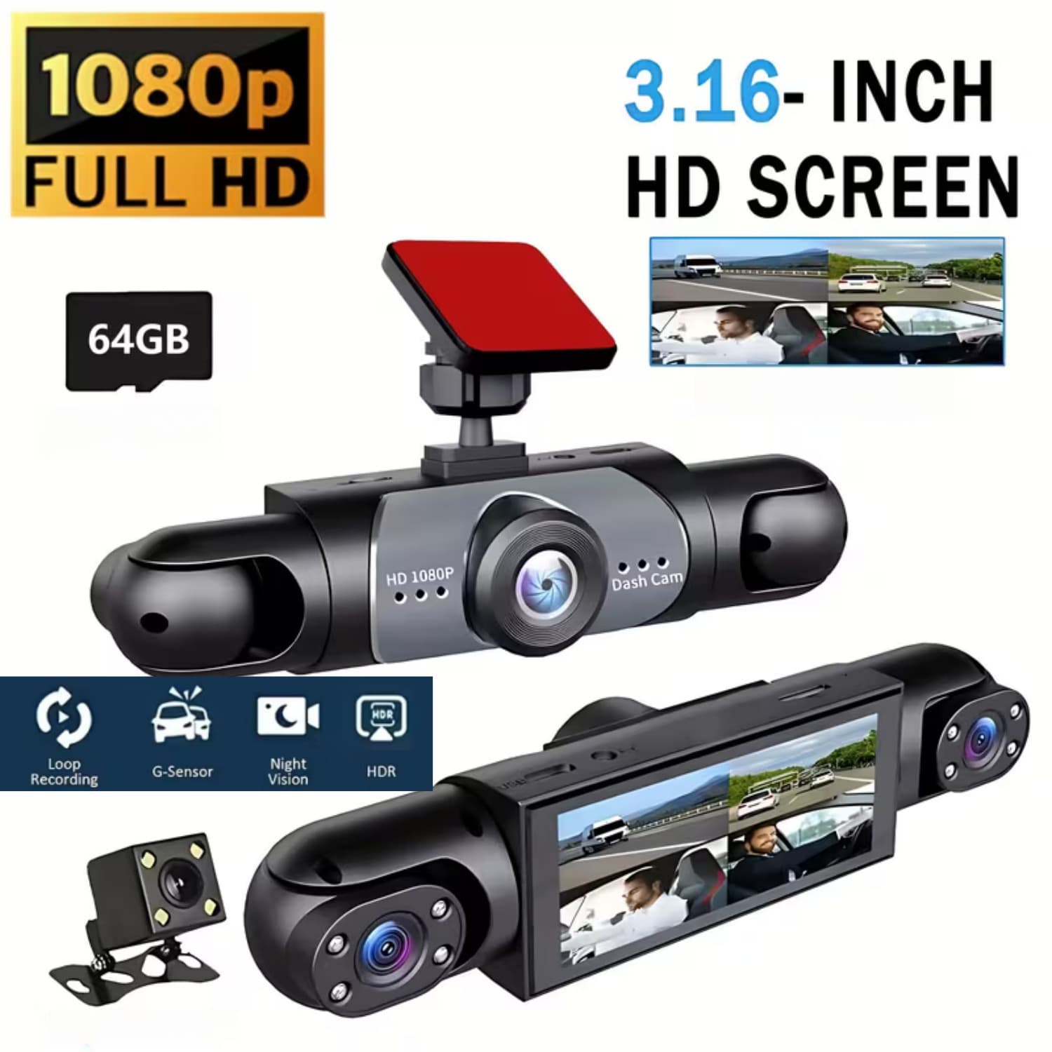 TEMU Dash Camera For Cars, Dash Cam Car, 360 Degree Dashcam Fhd 1080p Front With 3.16 Inch Display, , Night Vision, Parking Monitoring, Backup Assistant Optional 3lens Version, 2lens Version&64gb Card
