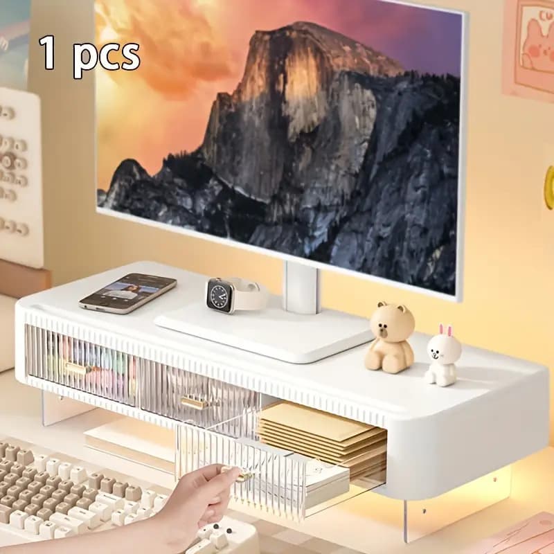 TEMU A Versatile Acrylic Monitor Riser With Adjustable Height, Featuring Dual Drawers And An Open Shelf. This Desktop Organizer Includes A Cable