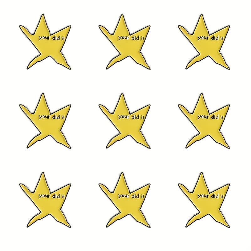 TEMU Set Of 9 Adorable Yellow Star-shaped Badges For Clothing, Backpacks, And Hats, Perfect For Matching Additions, Including A Wolf Alloy Brooch As A Small Gift