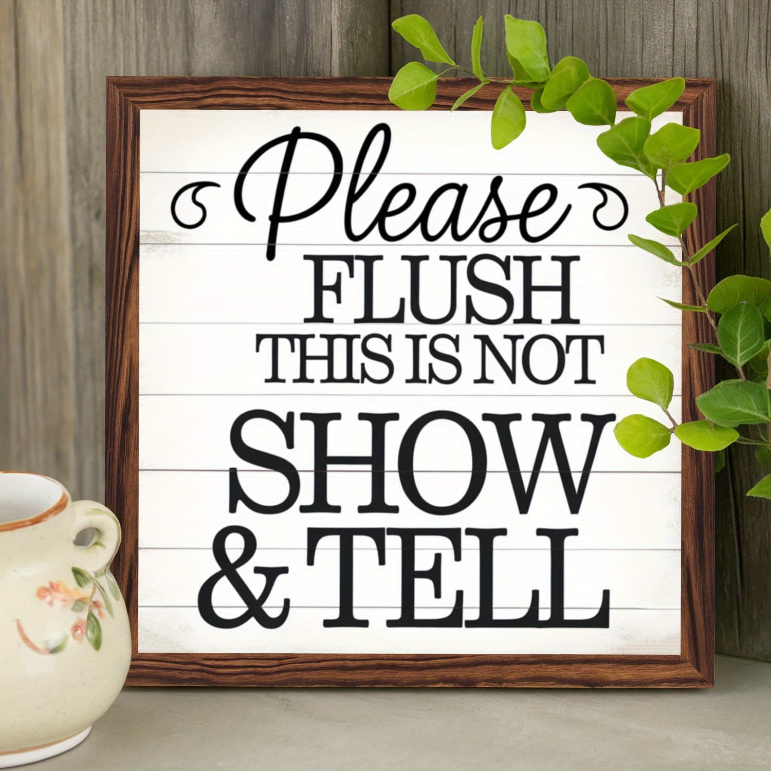 TEMU 1pc "please Flush This Is Not Show & " Humorous Wooden Framed Sign - 8x8 Inch, Rustic Bathroom Decor, Inspirational Wall Art For Home & Hot Tub, No Battery Required, Bathroom Wall Decor