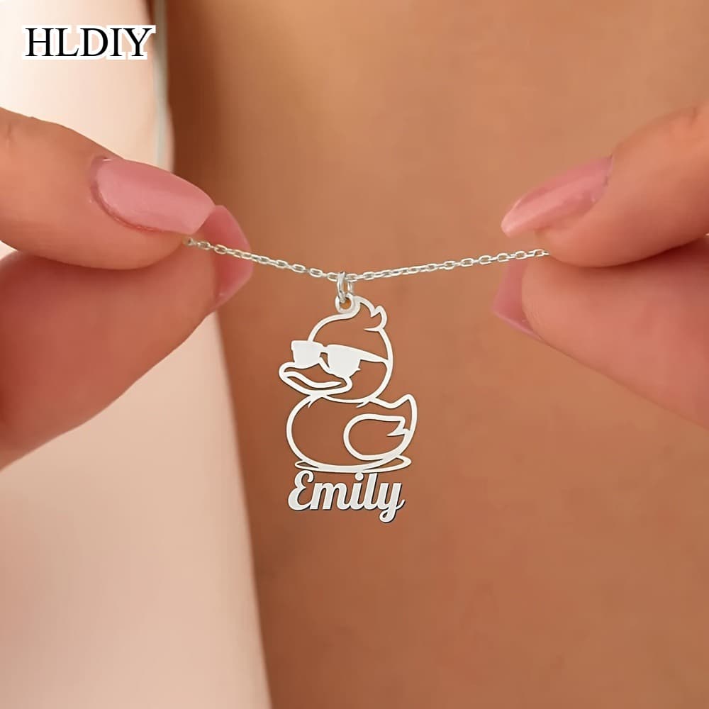 TEMU Stylish Duck Necklace That Personalized, Featuring Trendy Glasses - A Stainless Steel Name Pendant, Ideal For Women's Jewelry, Great For Everyday Use Or As A Gift