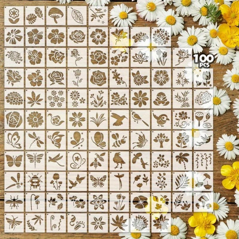 TEMU Set Of 100 Reusable 2-inch Stencils For Painting, Featuring Designs Of Flowers, Animals, And Holiday Themes, Suitable For Use On Wood, Fabric, Wallpaper, And For Art Projects In Home Decoration