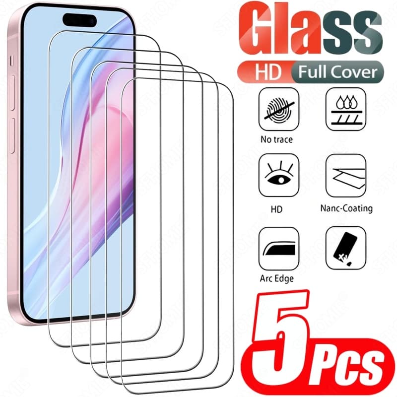 TEMU 5pcs High Definition Screen Protector For Iphone 11 12 13 17 Pro Max Tempered Glass Film Full Coverage Clear Protective Film For Iphone Plus 16e 17 Air Glass Film
