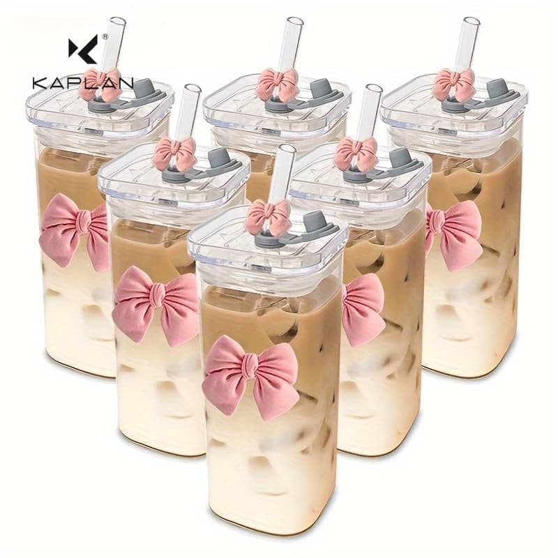 TEMU Kaplan, 6pcs Bow Drinking Glasses, 12oz/ 350ml Straw Glass With Lid, Suitable For Collectors, Outdoor Use At Home, School, Best Gift For Christmas, For Thanksgiving