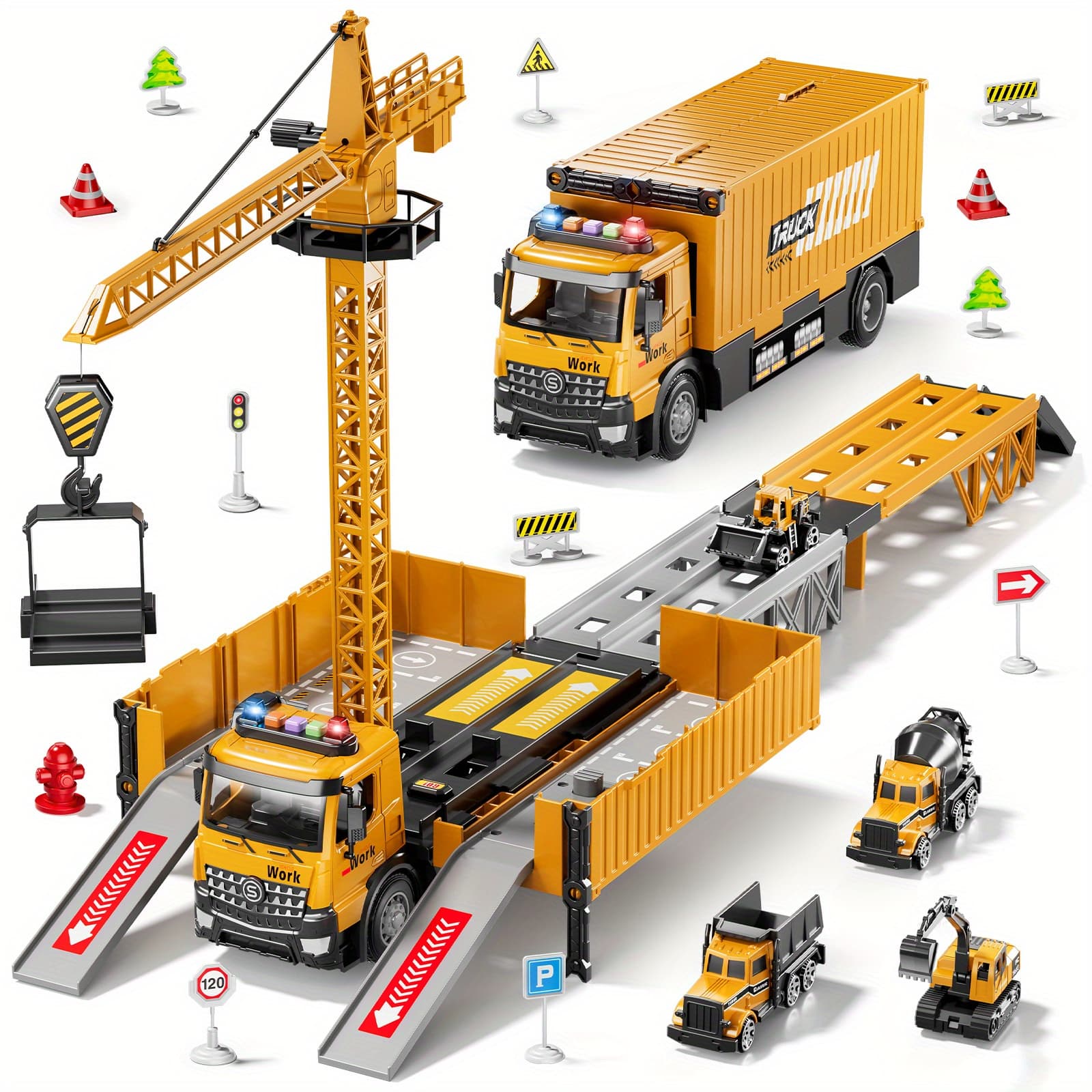 TEMU In- Construction Vehicle Playset With Crane, & Track - Engineering Truck With 4 - Role-play Building For Boys & + Years (/) - Motor Skills Development Gift