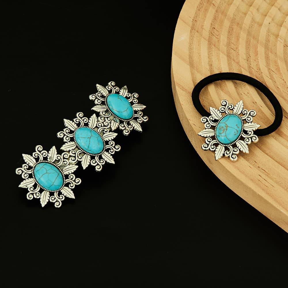 TEMU 2pcs Exquisite Turquoise Hollowed-out Lace Hair Clip & Hair Tie Set, Elegant Hair Accessories For Women, Perfect For Daily Wear, Parties & Special Occasions, Ornaments To Enhance Feminine Charm
