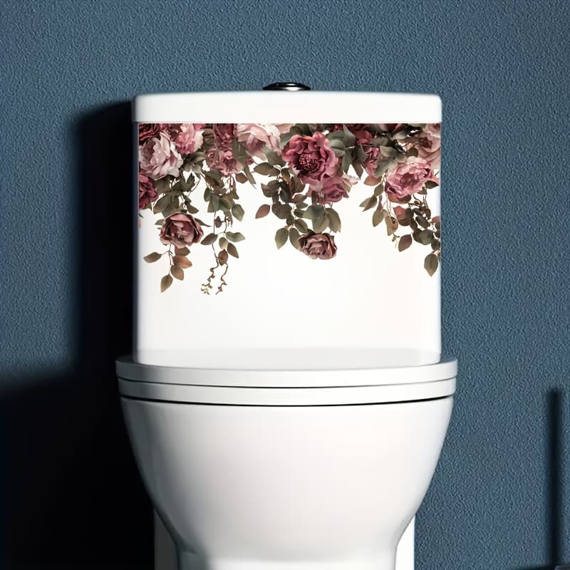 TEMU 1 Elegant Floral Vine Rose Toilet Tank Decal - A Bunch Of With Green Foliage, End, Self-adhesive, Easy To Apply On Plastic , Ideal For Bathroom Decor