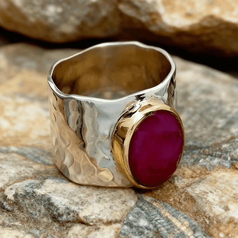 TEMU Retro Oval Red Zirconia Ring Fashion 2 Tone Wide Ring For Women Men Daily Party Holiday Ring Jewelry Hip Hop Ring