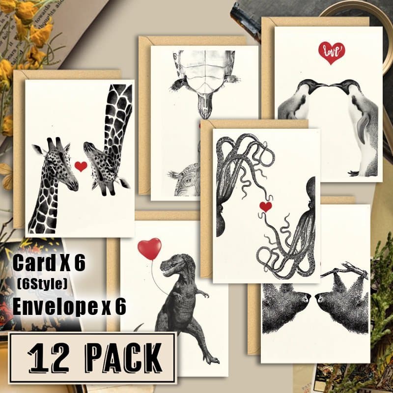 TEMU 12pcs Set Of Fun Animal Heart Greeting Cards With Envelopes, 6 Thank You Card Bulk, Perfect For Valentine's Day Friendship