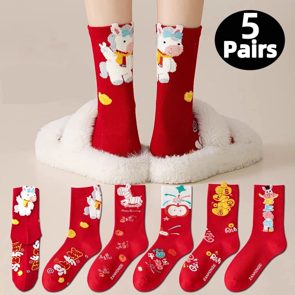 TEMU 5 Pairs Cute Cartoon Year Of Three-dimensional Red Socks - Women's New Year Socks, Year Of Peace Joy Mid Tube Socks, All Year Round, Cute