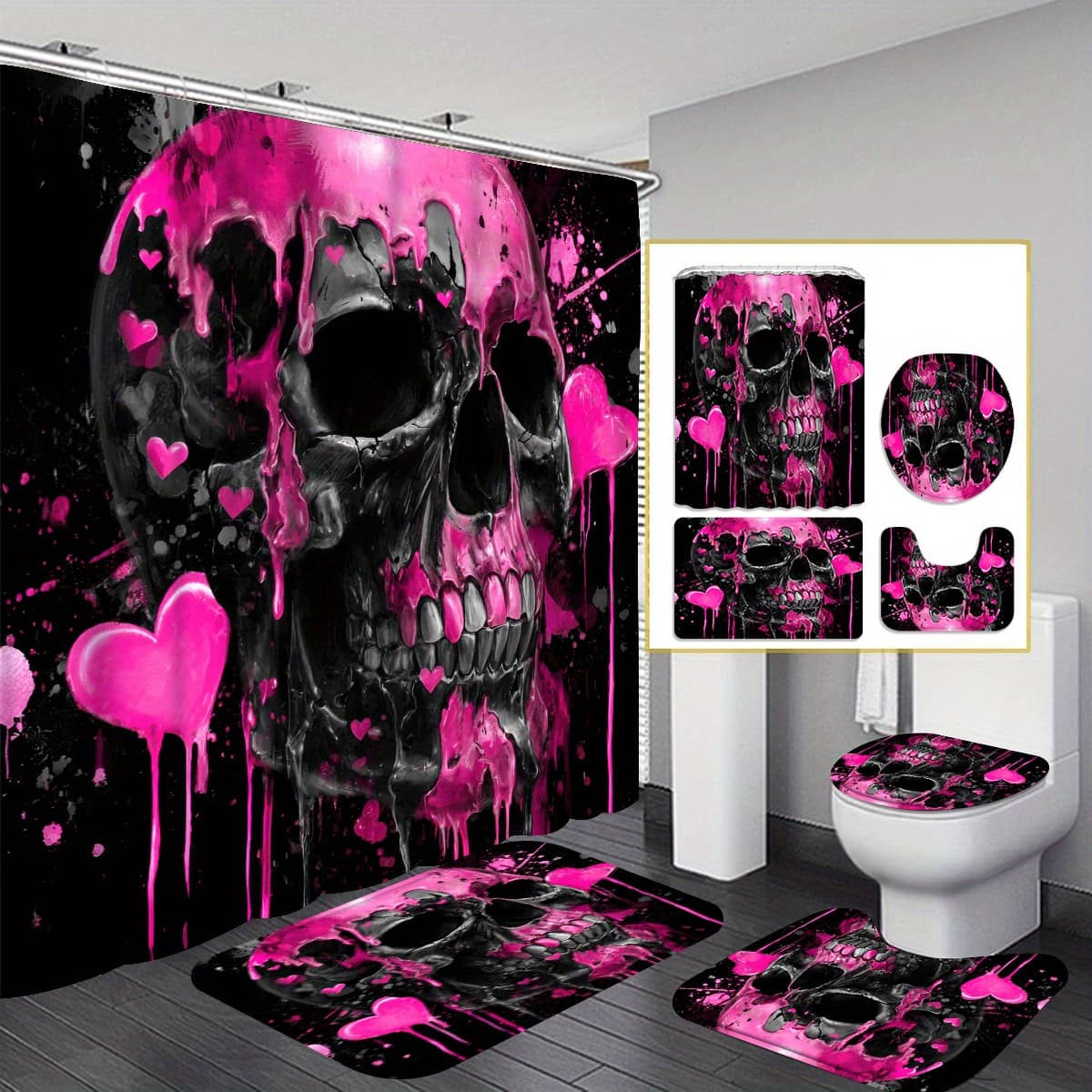 TEMU 4pcs Shower Curtain Set, Home Decoration, Curtain Decoration Housewarming Gift, Includes 12 Hooks, Shower Curtain, U-shaped, And Toilet Lid Cover