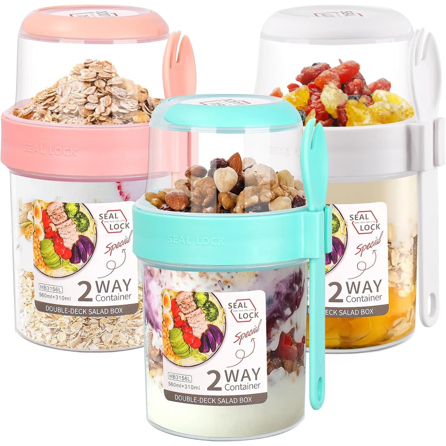 TEMU 3 Pcs Breakfast Cups, Yogurt Pots With Lids And Spoon, Reusable Overnight Oats Container, Breakfast Pot To Go Fruit Salad Jars Split Oat Yogurt Cup
