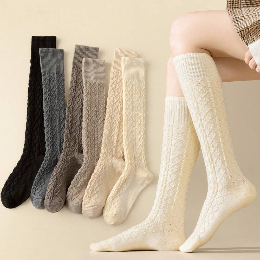 TEMU 6 Pairs Of Solid Color Women's Leg Socks Retro Fried Dough Twists Jacquard Stockings Thermal Insulation Friendly Leg Socks Suitable For Everyday Casual Or Party Wear