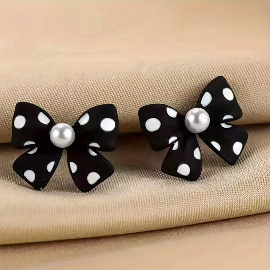 TEMU Elegant Black Bow Dot Pearl Earrings - For Ladies - A Chic Present For Christmas And Halloween