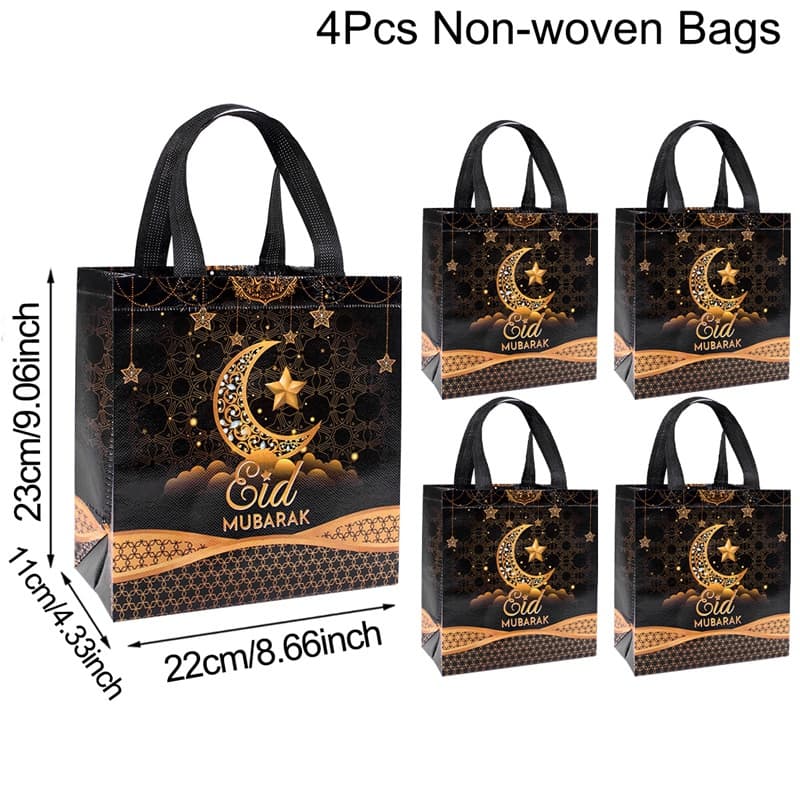 TEMU 4/8pcs Tote Bags With Handles, Black Golden Pattern Ramadan Kareem Reusable Gift Bag Non-woven Bags, Perfect For Ramadan Decorations 2025 For Party Supplies Eid Al-fitr Gifts