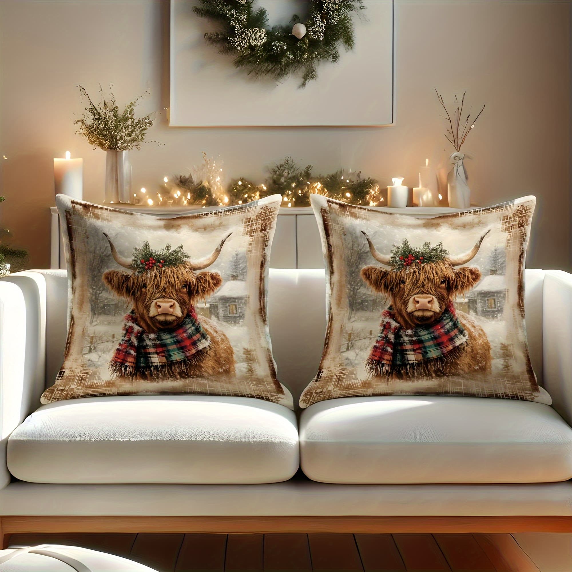 TEMU Set Of 2 Highland Cow Velvet Pillow Covers, Featuring A Festive Holly Design For Christmas, Soft Decorative Cushion Covers, Machine Washable, With Zipper Closure, Made Of Polyester