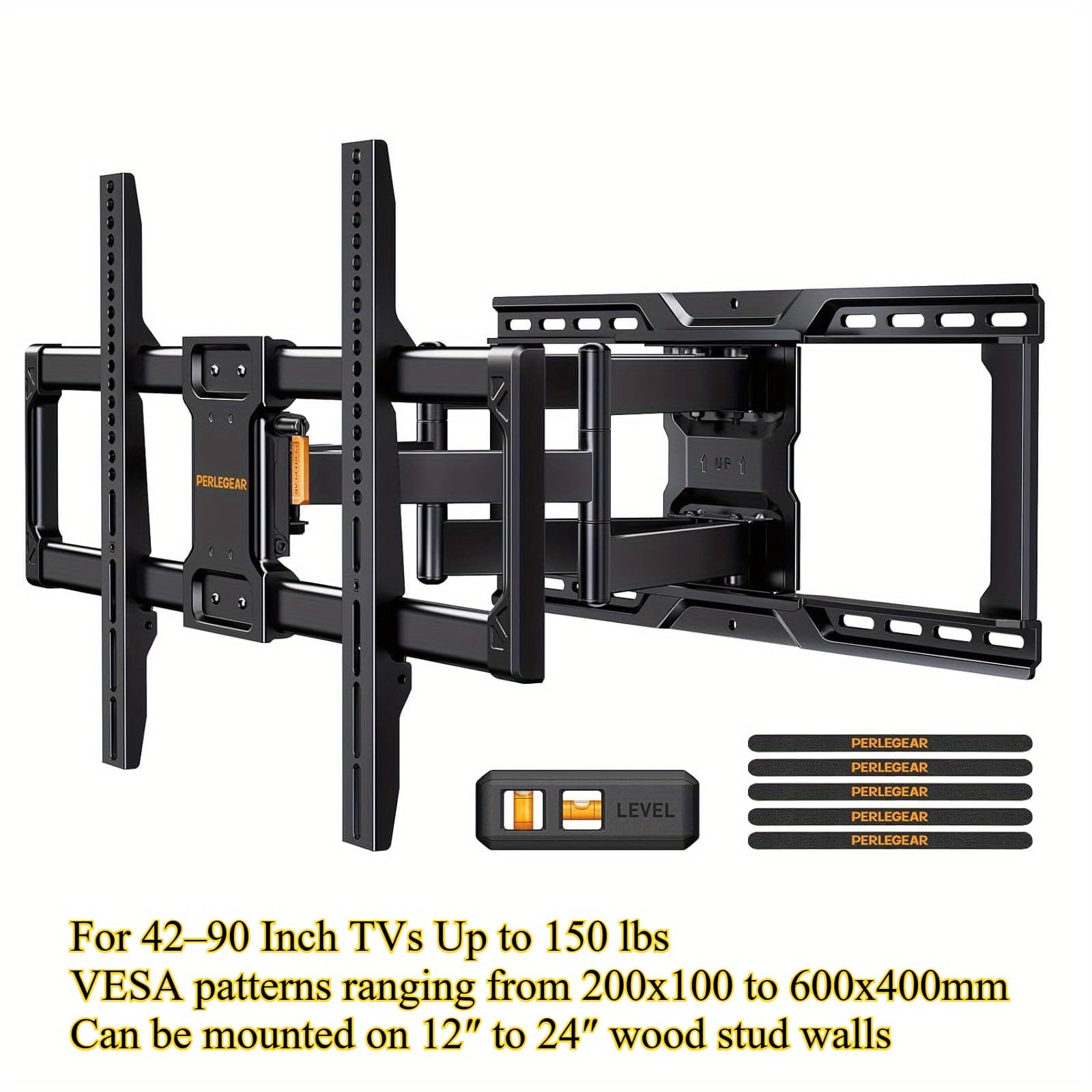TEMU Up To 150 Lbsfull Motion Tv Wall Mount For 42-90 Inch Tvs, Pre-assembled Tv Mount With Tilt, Swivel, Extension, Max Vesa 600 X 400mm, 12/ 16/ 18/ 24 Inch Wood Studs