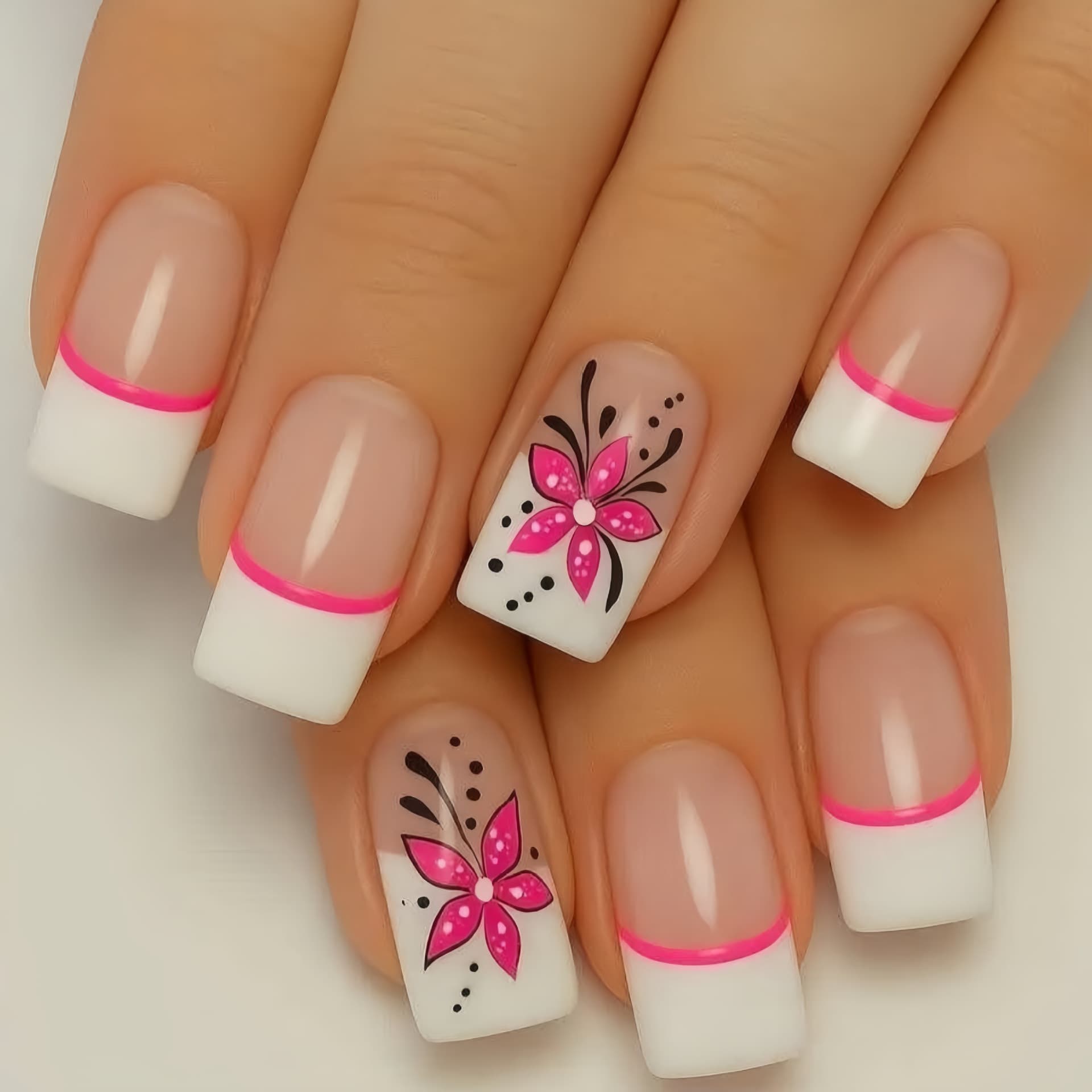 TEMU 48pcs Of Pink French Style Medium To Long European Square , European And American Fashionable With Elegant And Simple Flower Pattern Detachable Wearable Nail, Suitable For Women