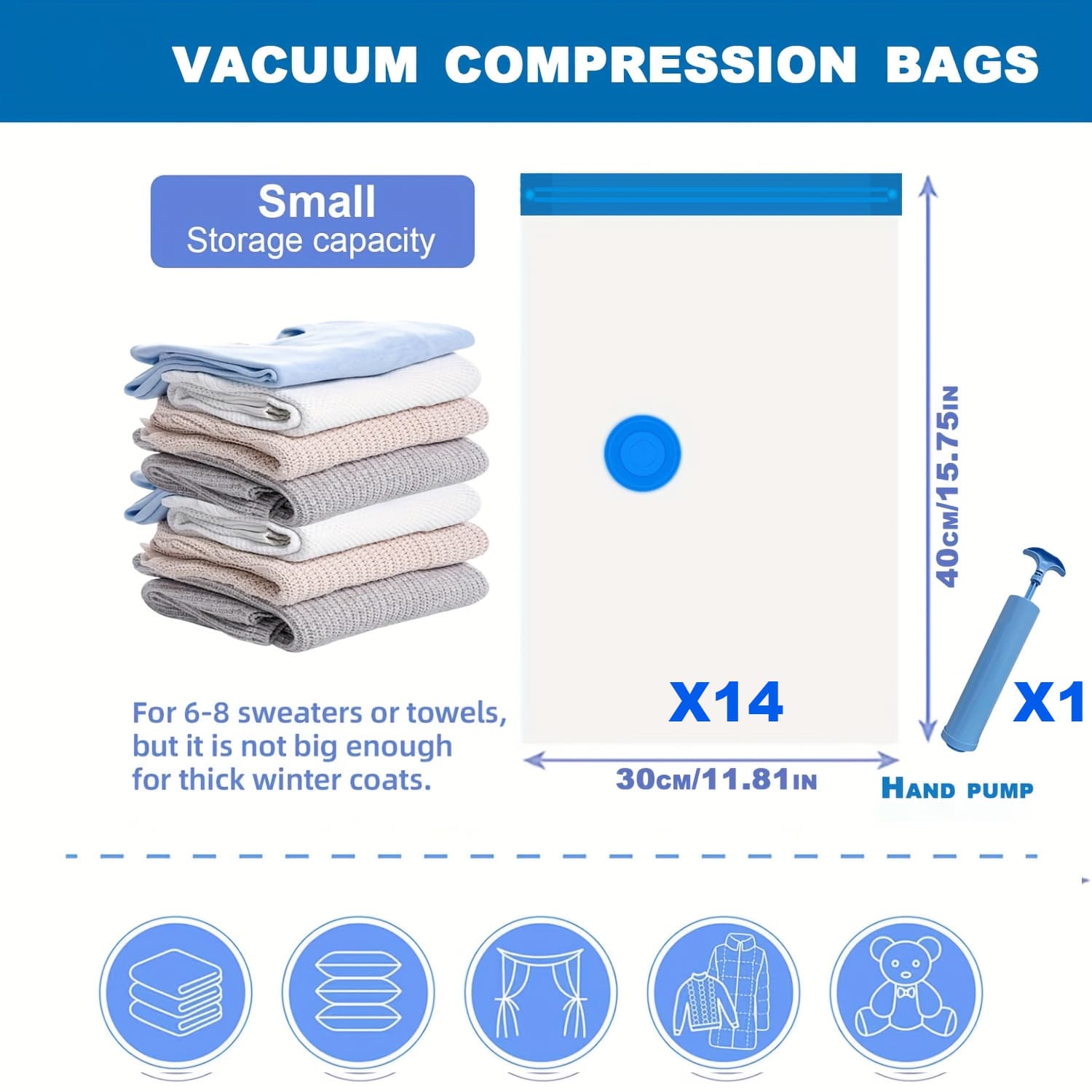 TEMU [15pcs Set] Reusable Vacuum Compression Bags With Hand Pump Perfect For Travel And Home Storage, Saving Space