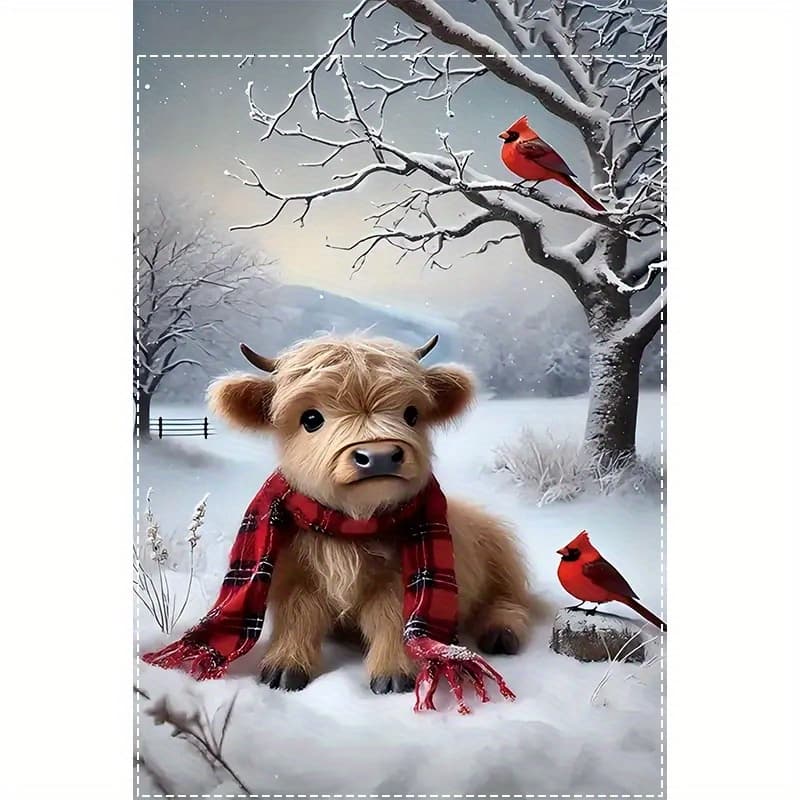 TEMU Winter Highland Cow And Garden Flag - Durable Polyester, Double-sided Printing, Burlap, Suitable For Outdoor And Home Decoration, 12x18 Inches