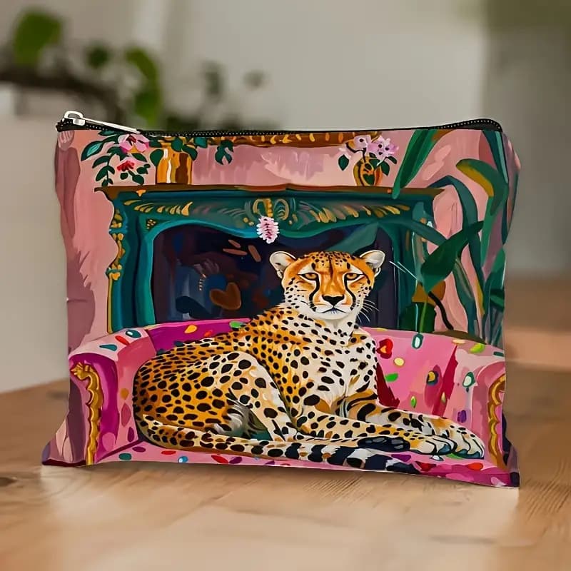 TEMU 1pc 1pcs-piece Large Capacity Leopard Print Makeup Bag Suitable For Women & - Vintage Style Zippered Cosmetic, Makeup Pouch, Machine Washable Travel & Daily Use Beauty Storage