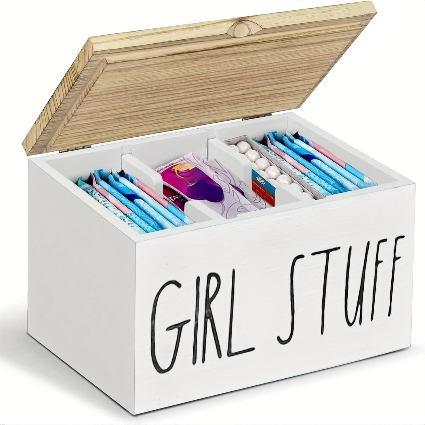 TEMU A Wooden Bathroom Organizer With Lid For Items, Toiletries Organizer With Removable Dividers - Multi-functional 3-compartment Accessory Box For Items, Decorative Box