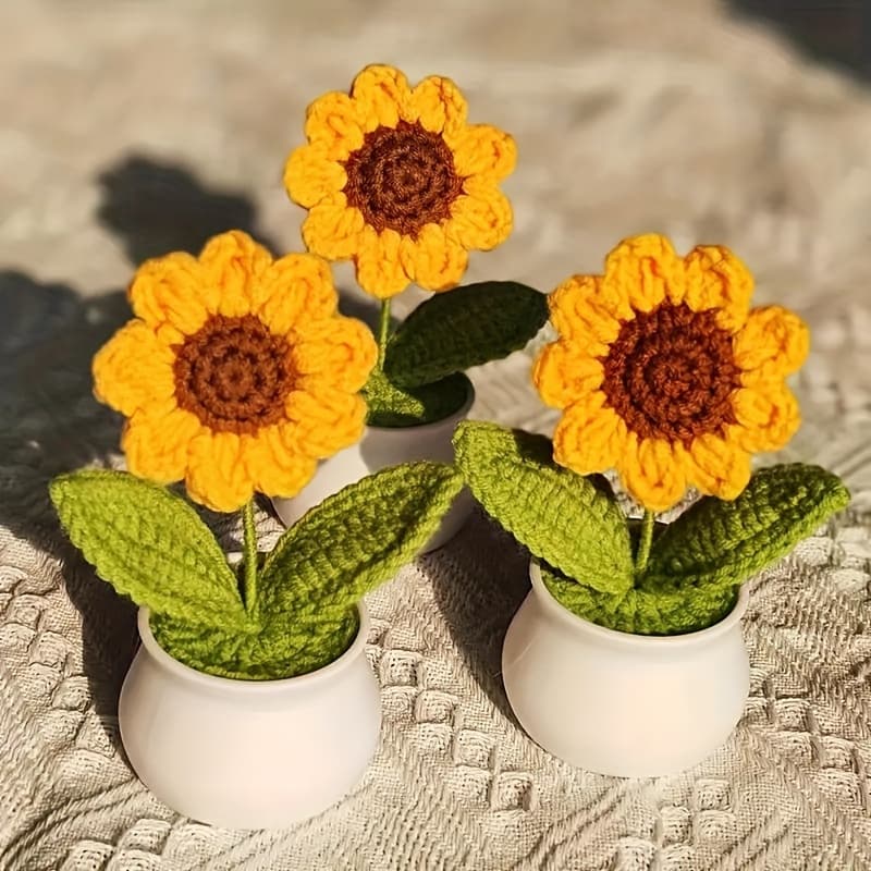 TEMU 3pcs Knitted Fleece Sunflower Small Potted Plant Office Study Desktop Decoration Birthday Gift