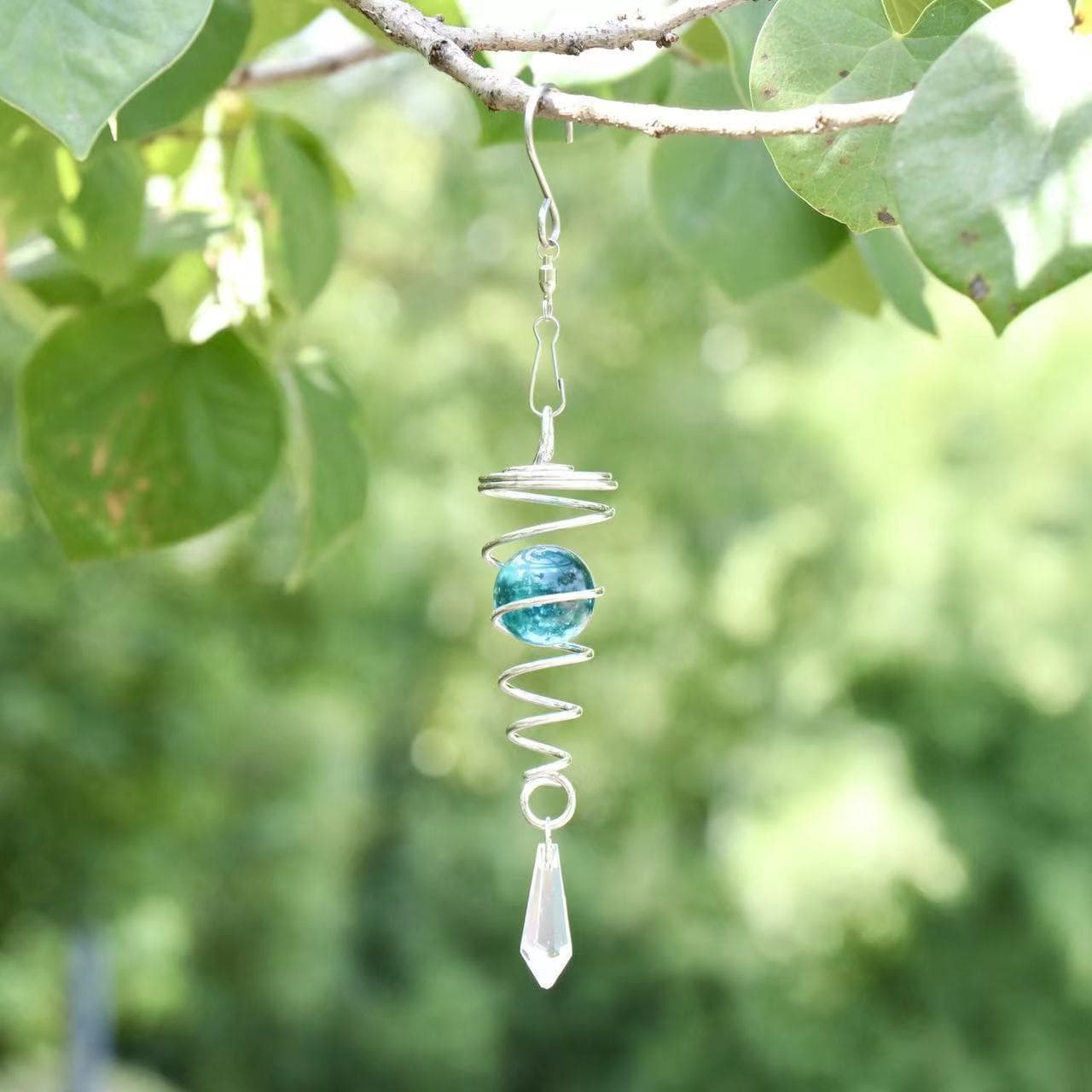 TEMU 1pc 3d Gazing Ball Spiral Tail Wind Spinner Blue Ball Dangle Sun Catcher Wind Chimes Spinning Sequins Bird Repellent, Outdoor Garden Ornaments