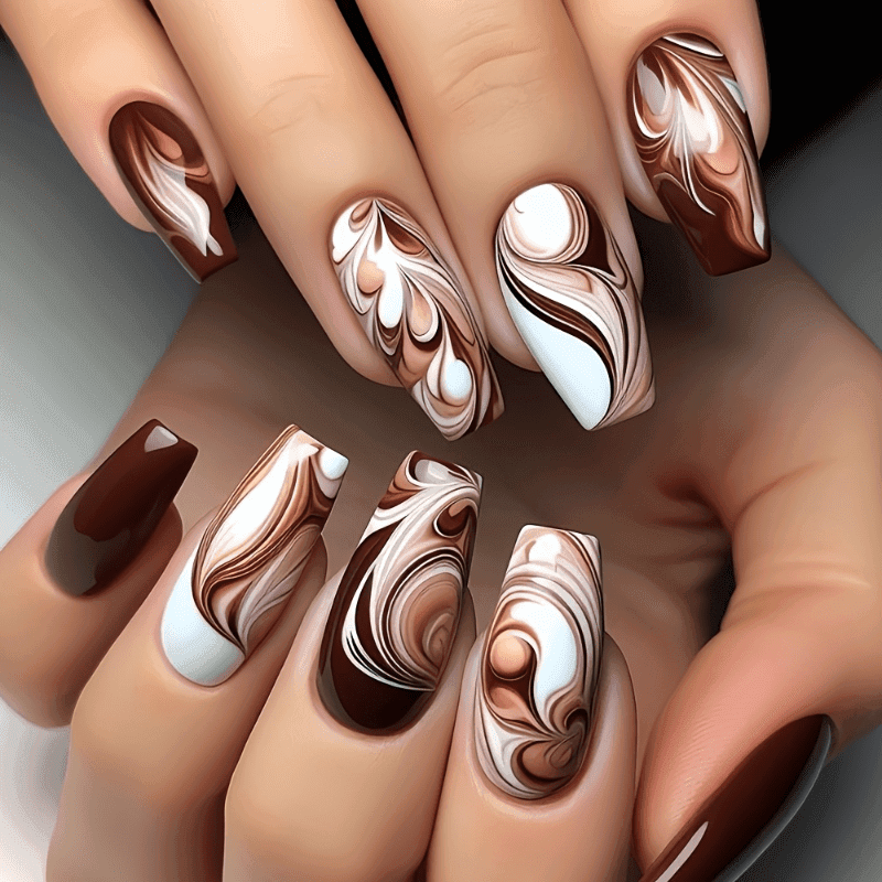 TEMU [glossy Press-on Nails] 48pcs Glossy Press-on Nails In Milky Marble Design - Full Cover Ballet Fake Nails For Women &, Easy To Apply & Remove, Nail Art, Nail Car