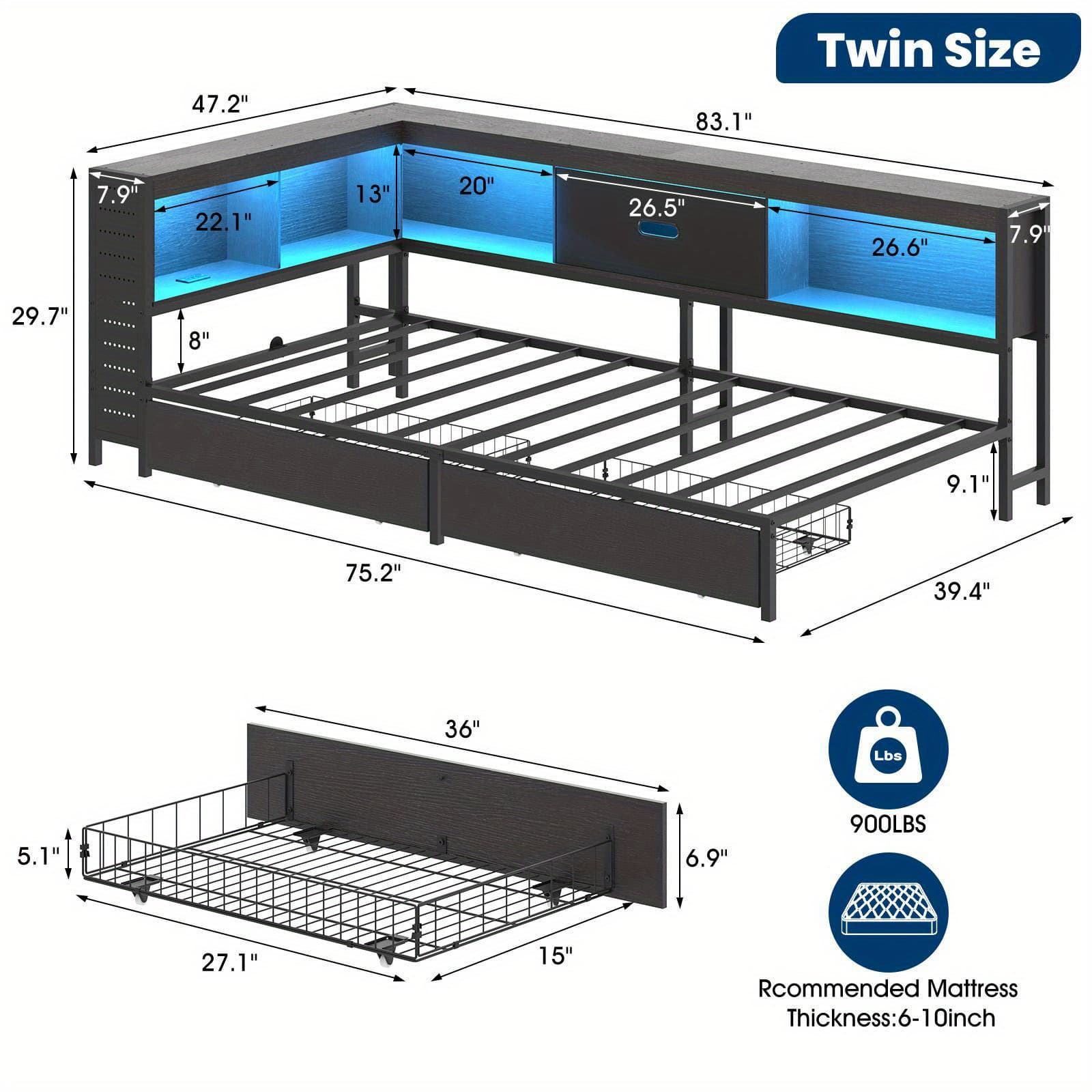TEMU Corner Twin Bed Frame With Bookcase Storage And Led Lights Metal Twin Size Platform Beds With Storage And Charging Station Twin Daybed With 2 Drawers For Living Room Bedroom , Black
