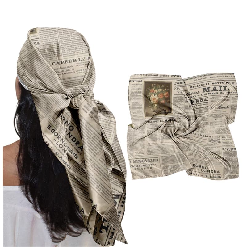 TEMU Square Scarf, Soft Stylish Retro Newspaper Print. Single-sided, Skin-friendly, Breathable. Ideal For Daily , Dating, Beach, Travel. Trendy Summer Accessory