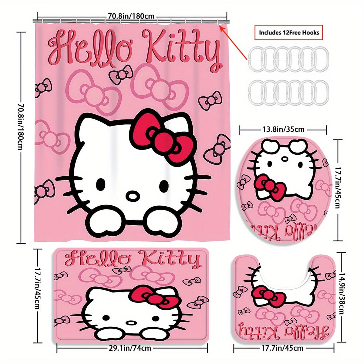 TEMU 4pcs For Hello Curtain Set. A Beautiful Housewarming Gift And A Curtain Decoration. -piece Set Of A Waterproof Bath Curtain And A Toilet Floor Mat, Comes With 12 Bath Curtain Hooks.