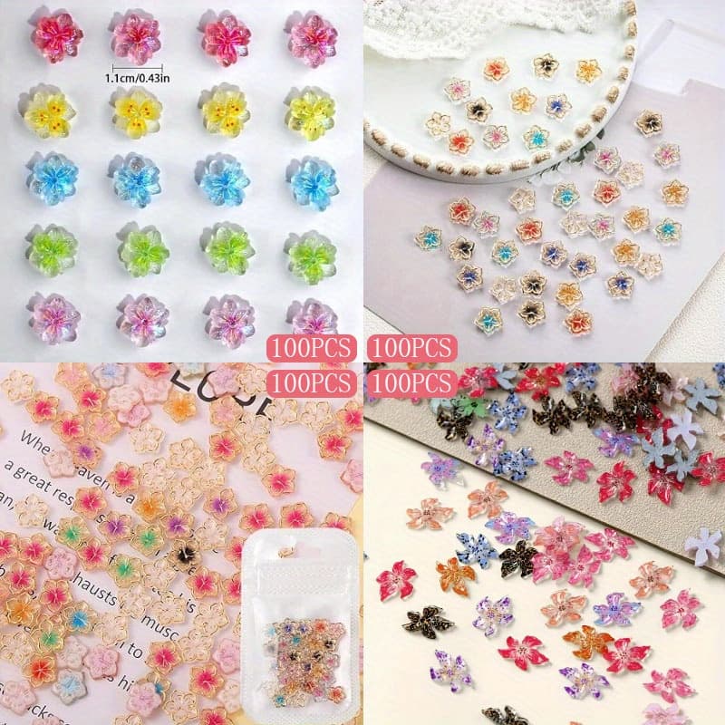 TEMU 400pcs Kawaii 3d Flower Nail Charms - Hypoallergenic, 3 Styles Lovely Floral Nail Art Charms Flower Resin Nail Jewelry Mixed Colors With Crystal Rhinestones For Luxury Manicure Decor