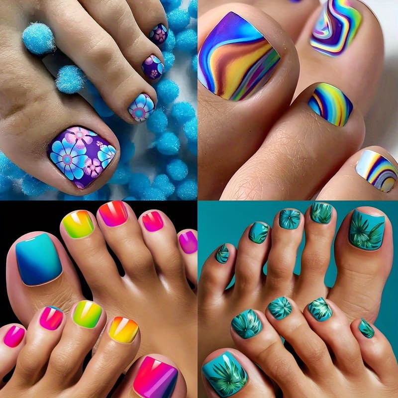TEMU 96pcs (4 Pack) Blue Gradient Nail Toenail Set, Short Square, With Floral And , Matte Surface, Including Jelly Glue And Nail Files