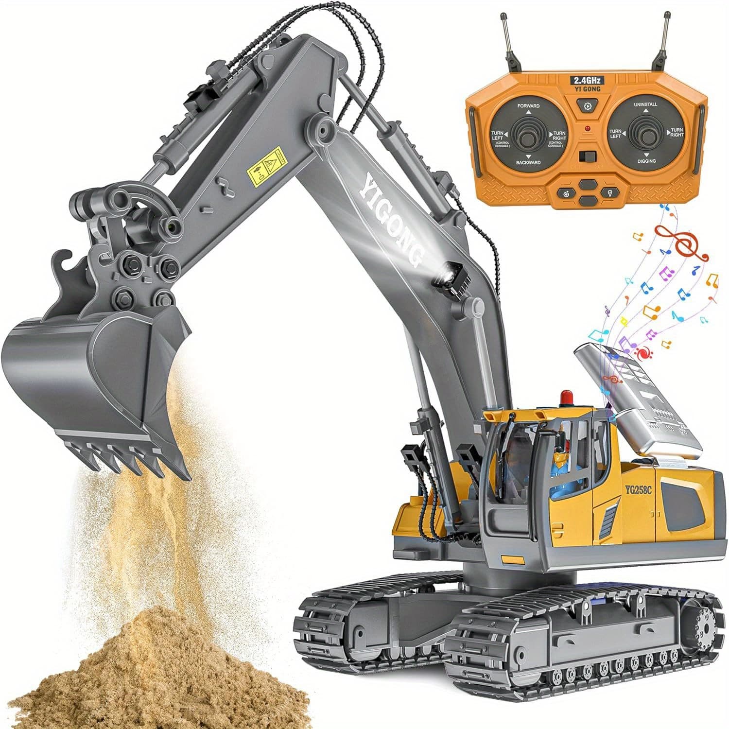 TEMU Excavator, Toys For Boys Age 6+ Rechargeable 11 Ch Rc Truck With Sound Light Metal Shovel, Birthday For Kids 6+ Year Old(2.4 Ghz)