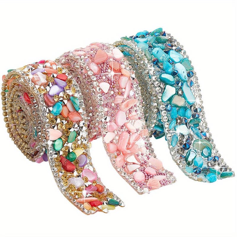 TEMU 1set 3pcs Of 3 Color Hotfix Tape With Stone Pieces Clothing Accessories Belt Decoration Mixed Color 20x4/5mm About 50cm/pc 1pc/color, Diy Crafting Gift For Wedding, Birthday, Anniversary