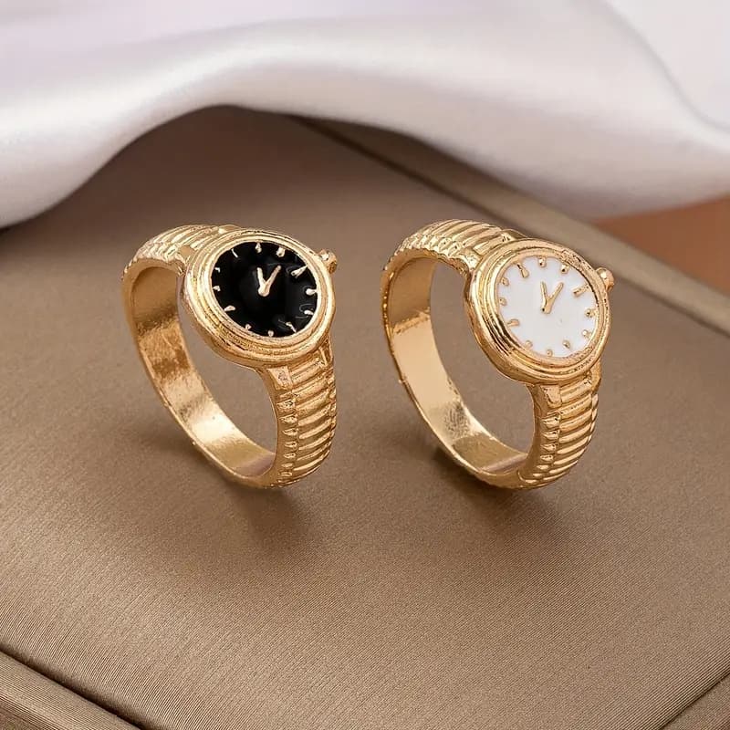 TEMU 2pcs Vintage Clock Ring Set For Ladies - Static Pointer, Alloy Unique , Perfect Gift For