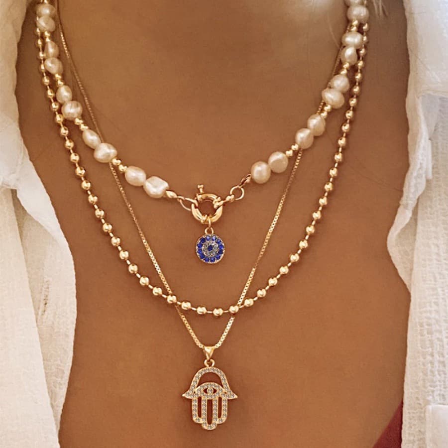 TEMU Elegant Women's Layered Necklace With Evil Eye Pendant - Vintage European Alloy, Golden-tone, Pearl Accents, Casual Or Formal Occasions, Formal Jewelry|layered Necklace|alloy Jewelry