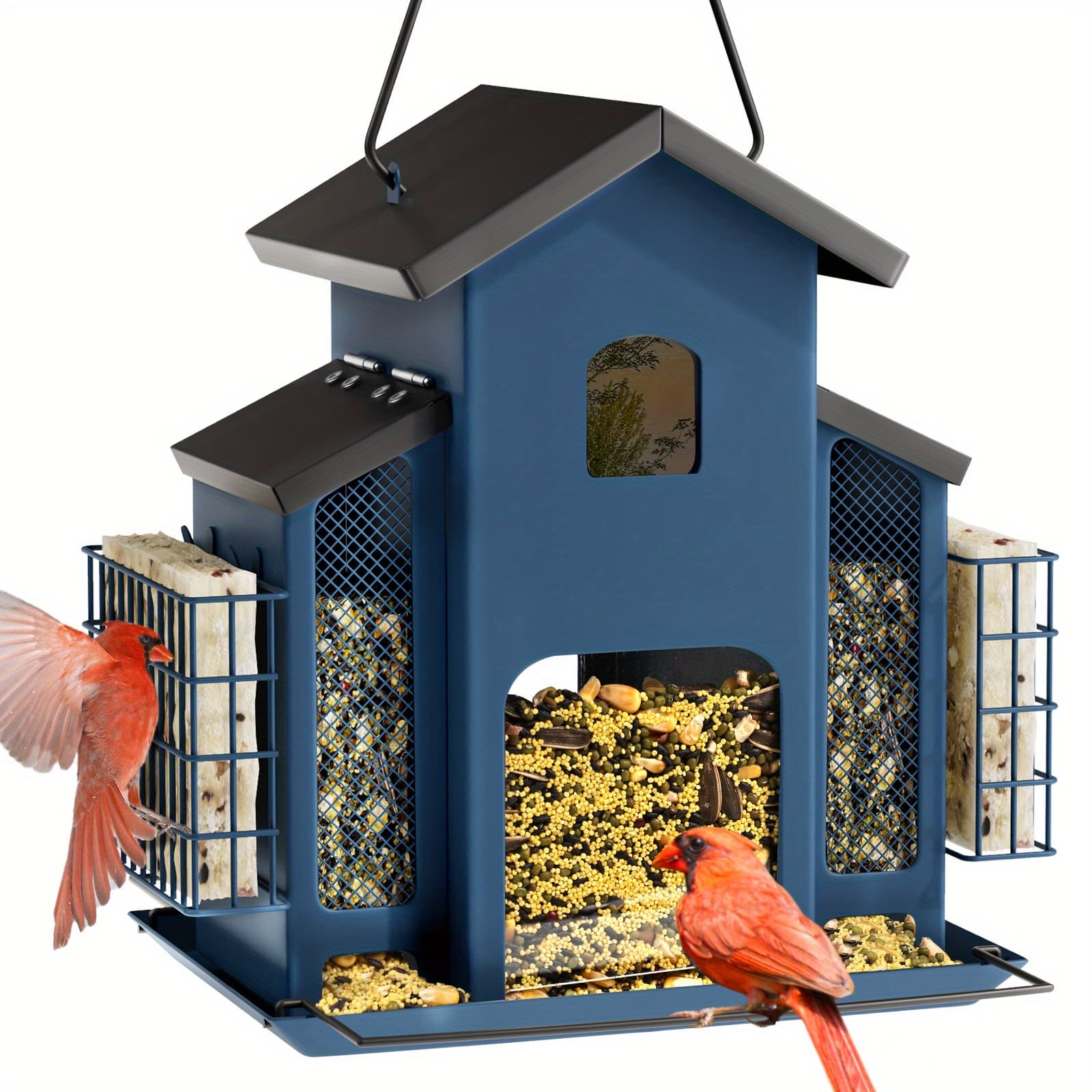 TEMU Large Outdoor Hanging Feeder Made Of Metal With 3 Mesh Side Cages, Designed For , , And Chickadees. This Durable Garden Bird Food Dispenser Attracts Small Birds And Features A , Without Battery