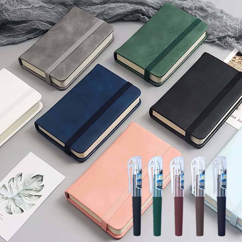 TEMU Set Of 10 Faux Leather Notebooks With Coordinating Pen - Random Color, Soft Mini Diary, Each With 100 Lined Pages And Elastic Closure, Ideal For Travel, Office, And School - In Colors