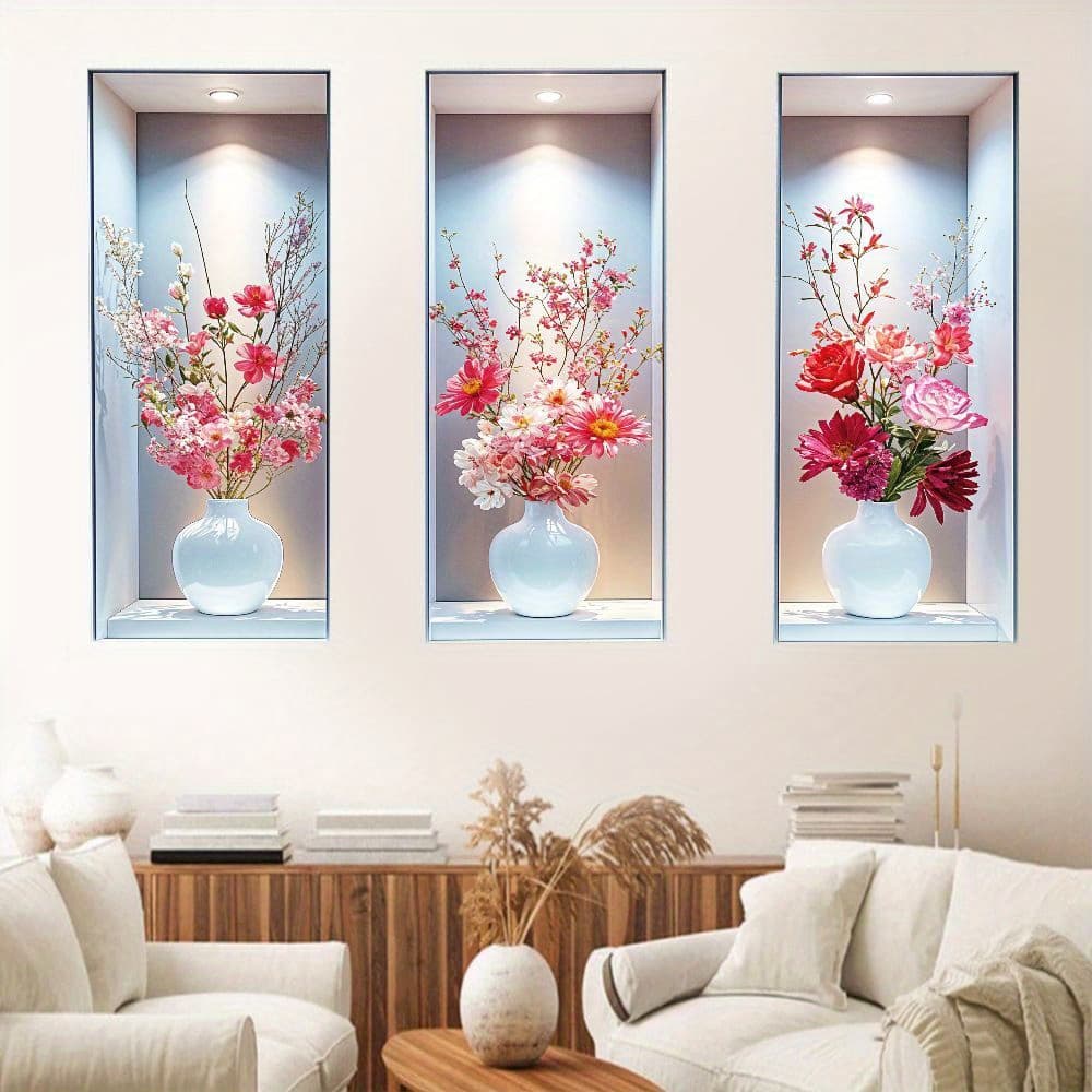 TEMU Set Of 3 Leaflure Pink Floral Wall Decor With Artificial Ceramic Vases, Ideal For Decoration, Featuring Dahlia, Rose, And Cherry , Perfect For Living Room, Bedroom, Spa, Hotel, Office