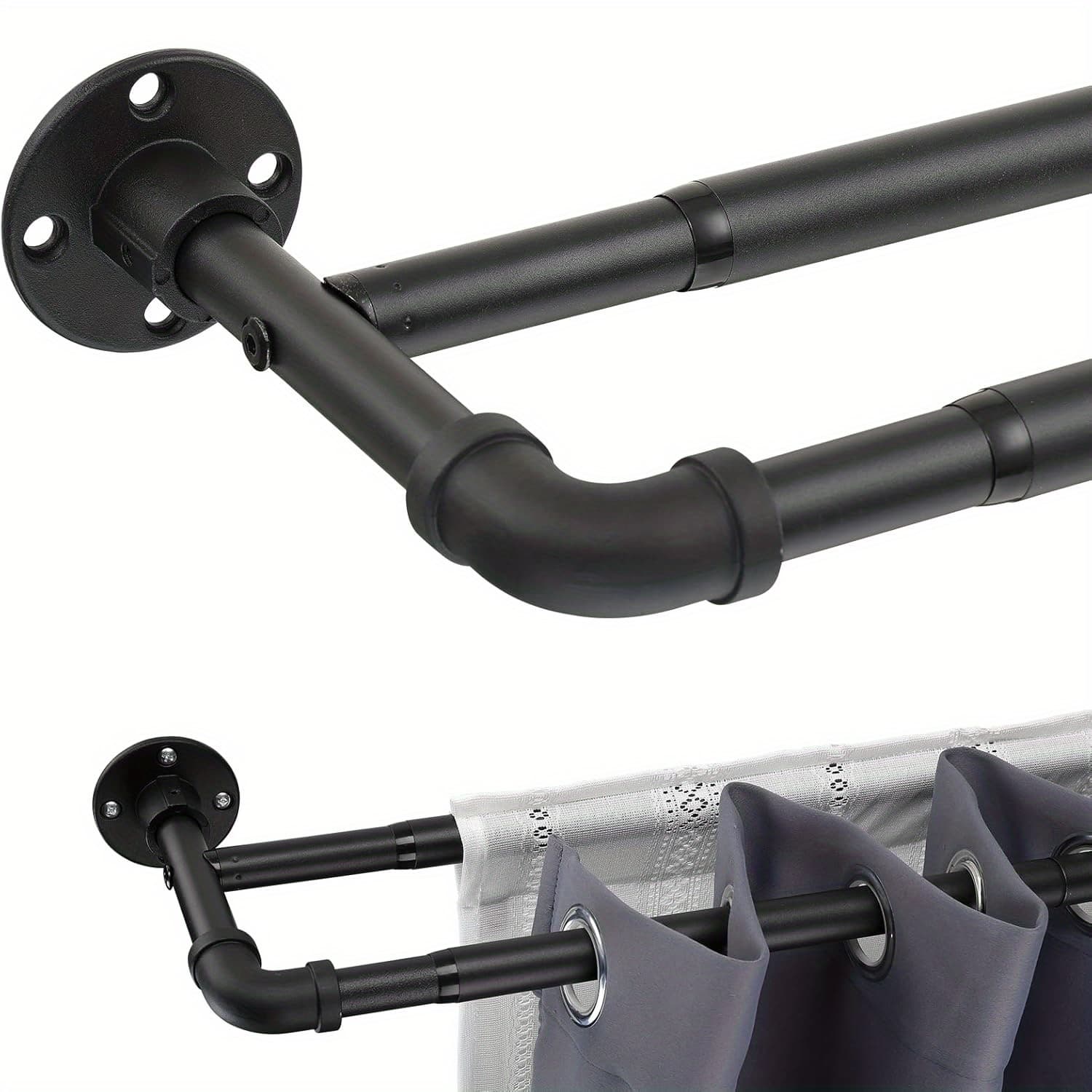 TEMU Double Curtain Rods For Windows 29 To 120 Inch - 1 Inch Heavy Duty Industrial Curtain Rods - Adjustable Wrap Around Blackout Curtain Rods, Matte Black