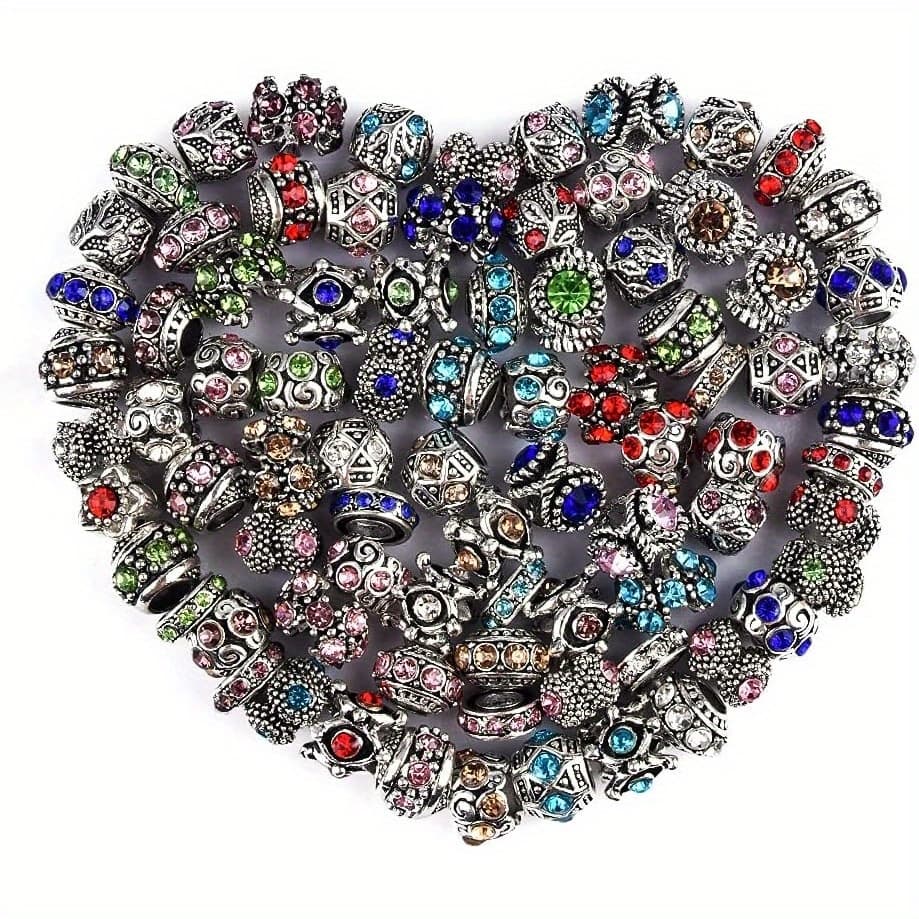 TEMU 60pcs Multi Style With Silvery Plating Alloy Large Hole Spacer Beads For Diy Charm Bracelet Jewelry Making Craft