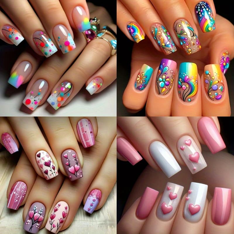 TEMU Set Of 96 Almond-shaped Press-on Nails (4 Packs) Featuring Sparkling Hearts And Glitter Details - Comes With Jelly Adhesive Tabs And A Nail File - Ideal For Valentine's Day