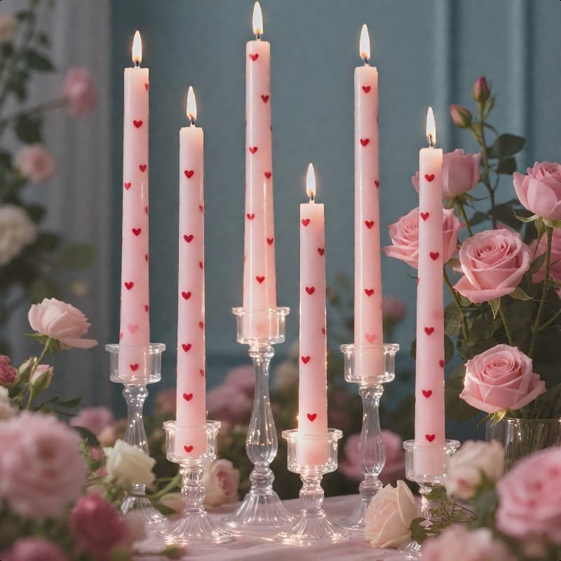 TEMU Set Of 6 Handmade Long Pink Taper Candles With Red Hearts, 10 Inch Drip Candlesticks For Weddings, Home Dinners, And Gifts