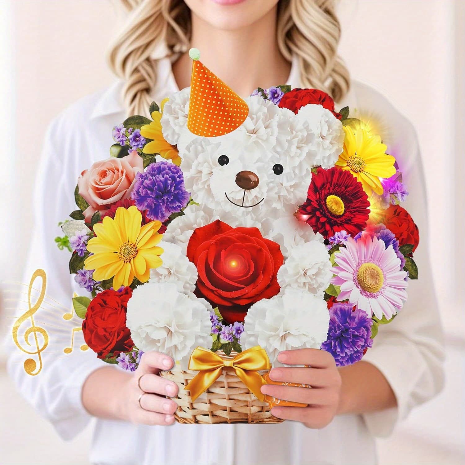 TEMU Birthday Cards With , Happy Birthday Card, Bear & Daisy, 10 Inch Life Sized Bouquet 3d Pop Up Greeting Card For Wife Mom Daughter Grandma Women