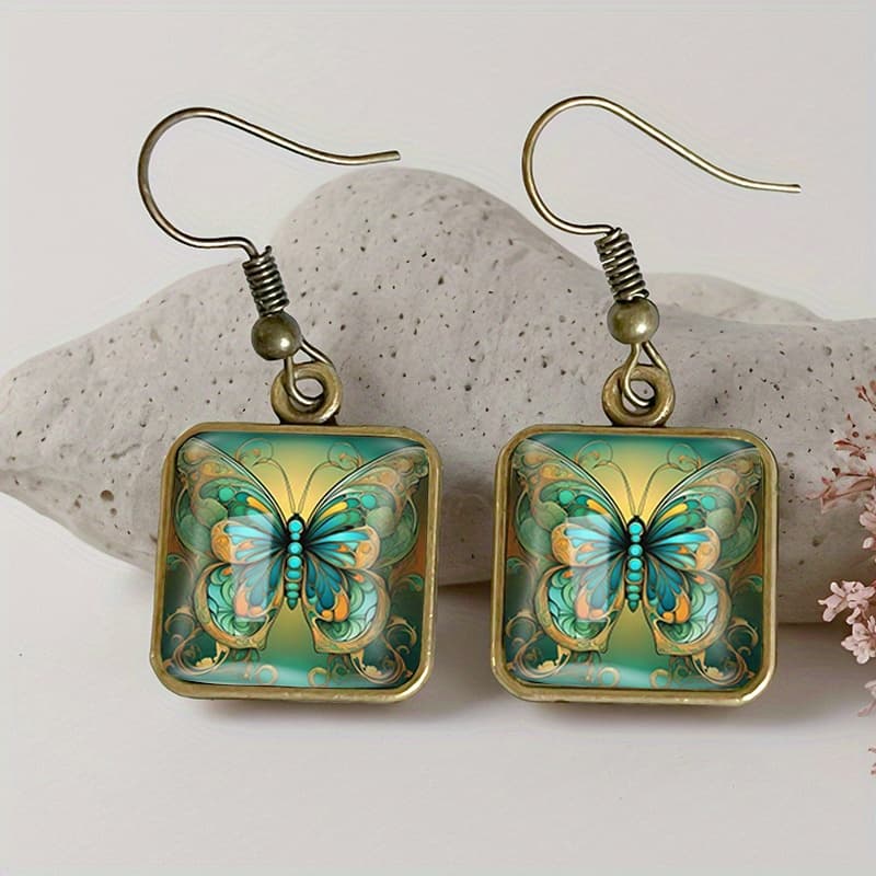 TEMU 1 Pair Square Earring Retro Glass Dangle Earrings Handmade Jewelry Gift