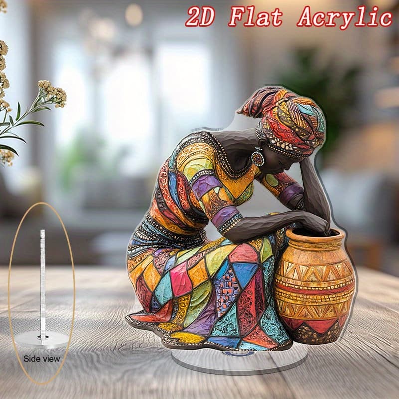 TEMU 2d Flat - 1pc 2d Flat Rotating Acrylic Desktop Decor Featuring A Beautiful African Woman Sculpture In Stained Resting Against A Jar In Colorful Attire Decorative Signs & Plagues