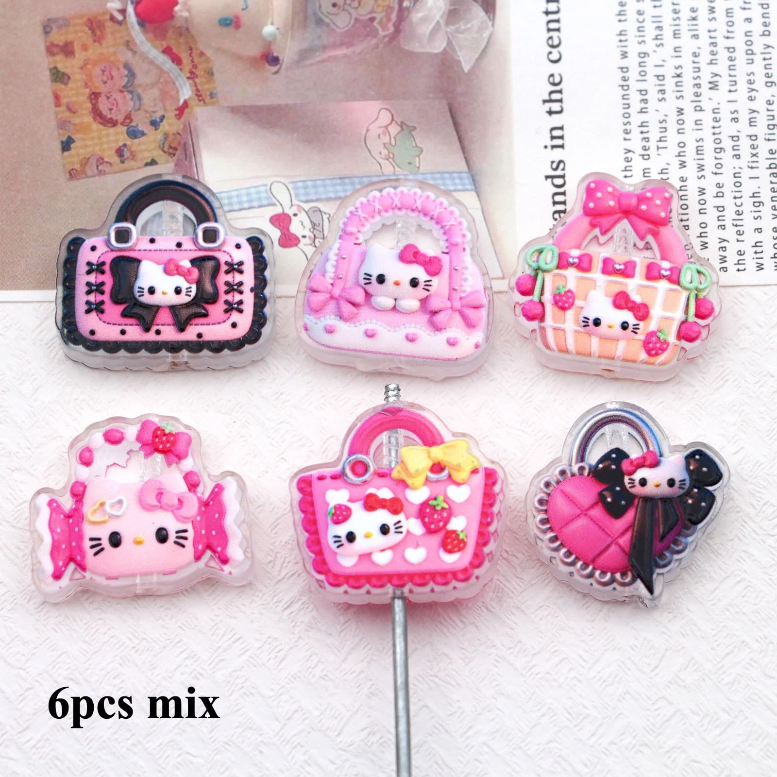 TEMU 6pcs Hello Kitty Cartoon Acrylic Beads And Loose Beads, For Jewelry Making, Diy Crafts For Phone Charms, Bracelets, Necklaces, Earrings, And Pen Decorations